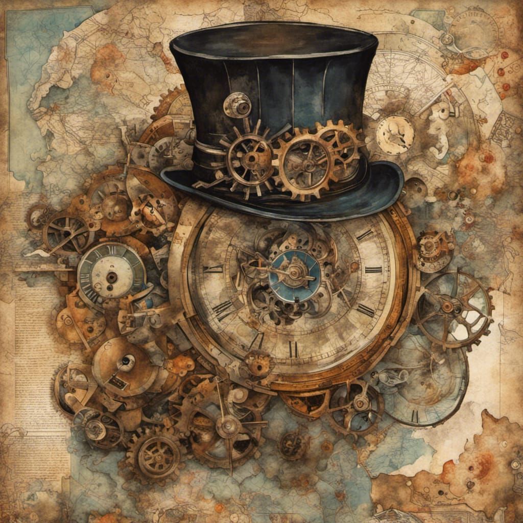 Steampunk Collage Art with Antique Map and Tesla Coil