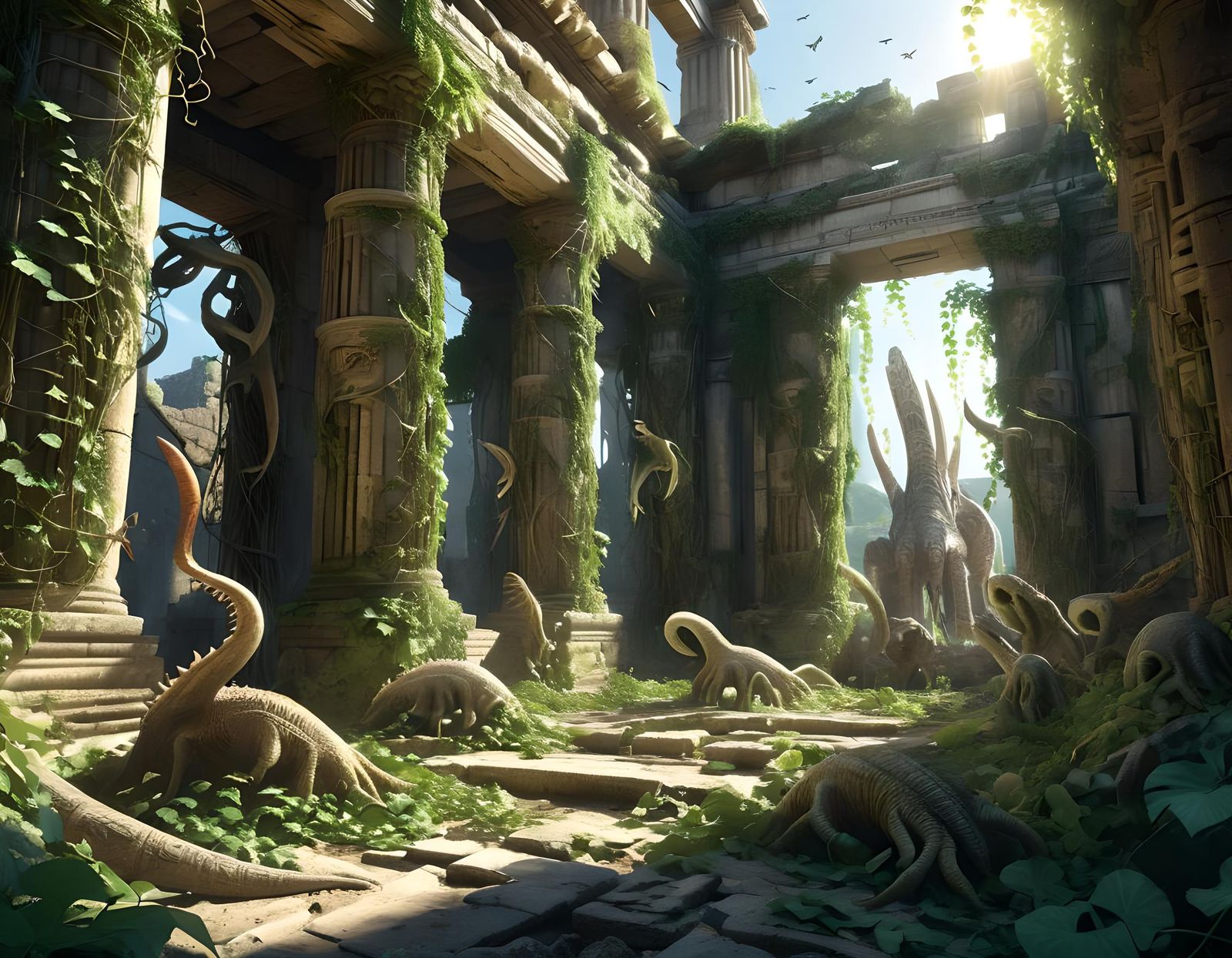 Ancient Ruins with Strange Creatures in Volumetric Light