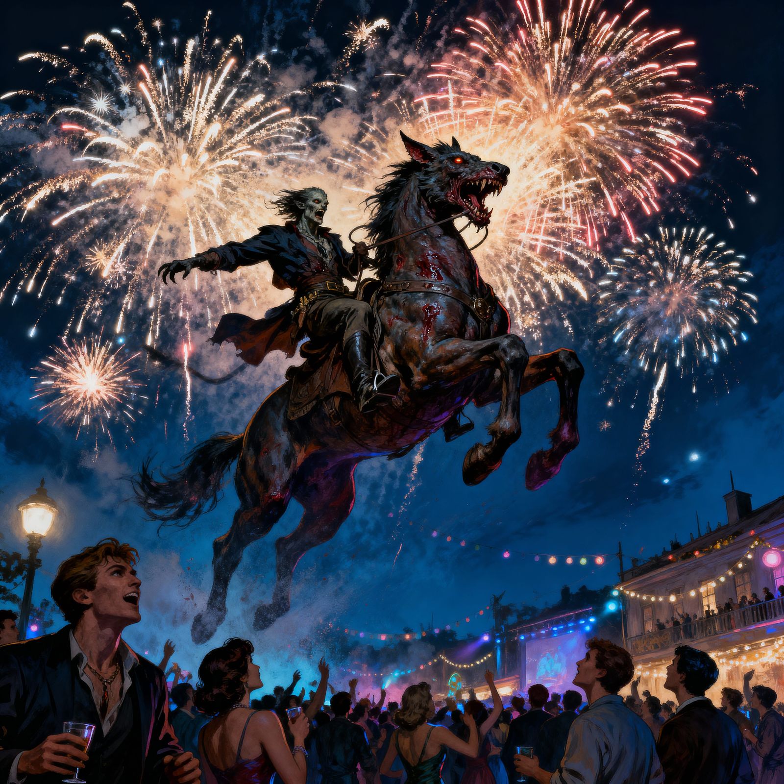 Wild Hunt Under Fireworks In Detailed Illustration Style