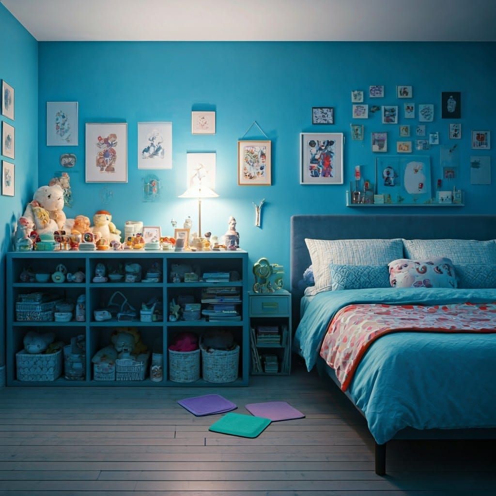 Serene Blue Room with Plush Bed, Surreal Style