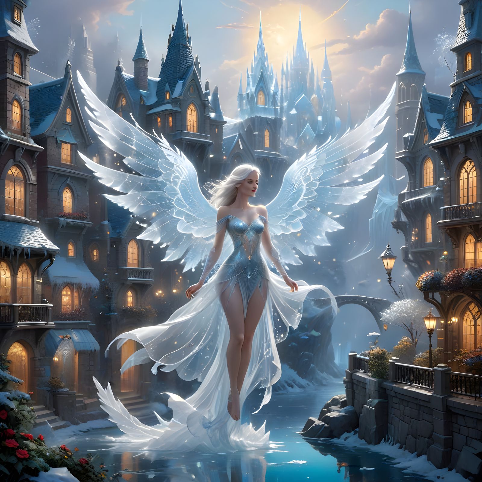 Ethereal Angel Soars Over Icy Metropolis in Hyperdetailed Fa...