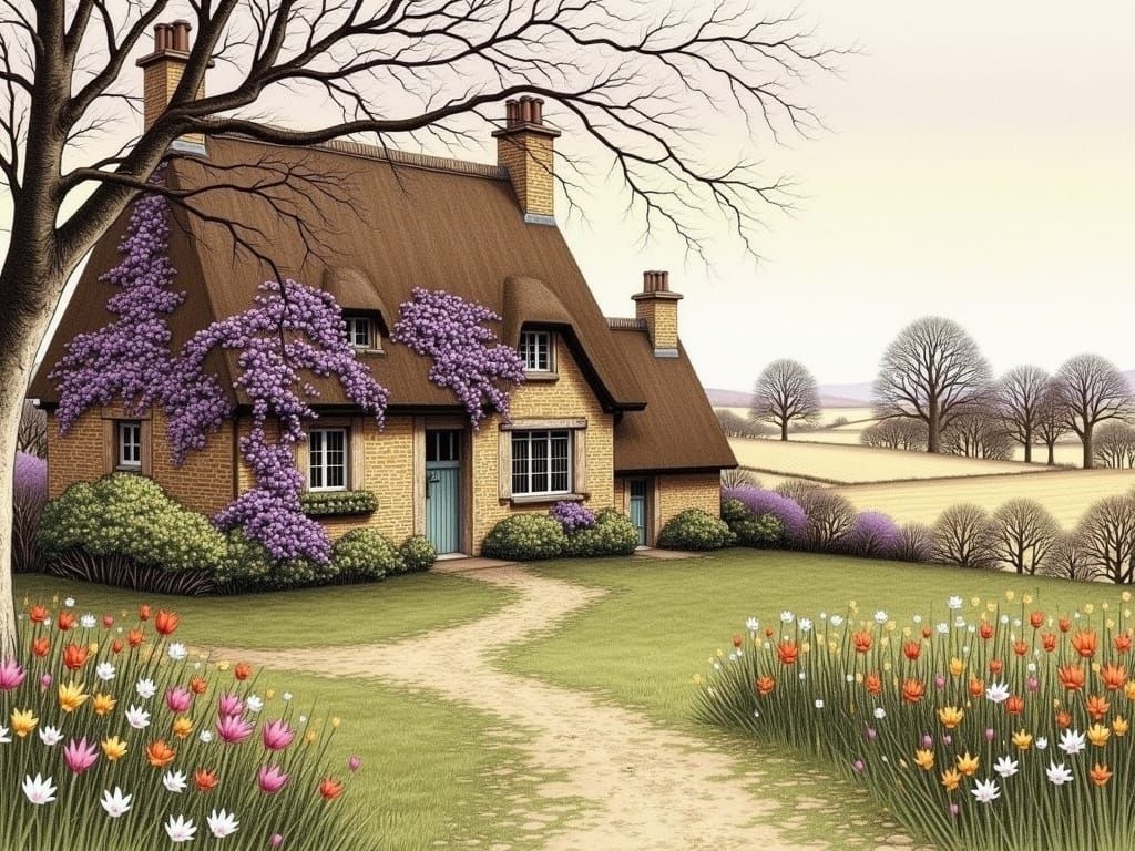 Rustic North Frisian Cottage Amidst Vibrant Spring Bloom