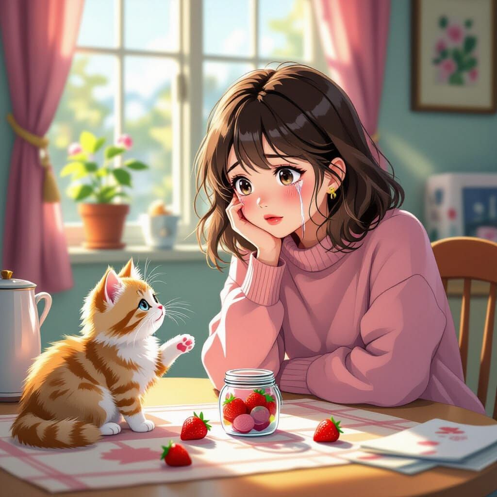 Sad Woman and Kitten in Manga-Inspired Style