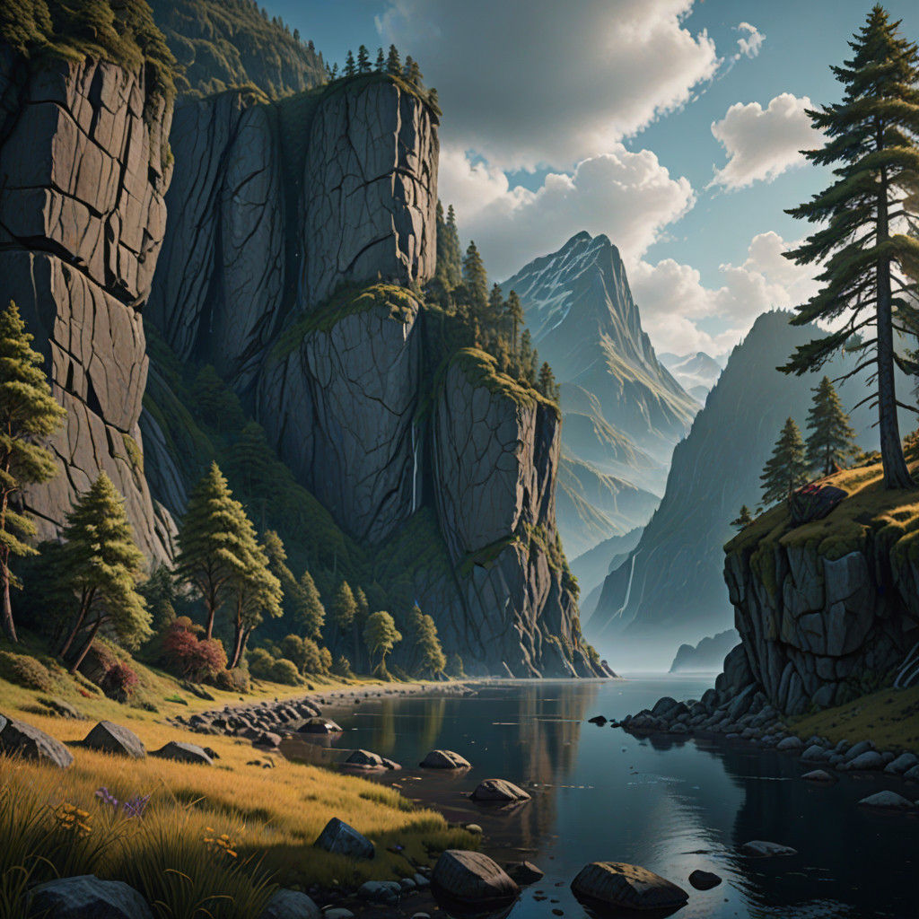 Fantastical Fjord Landscape in Oil Painting Style
