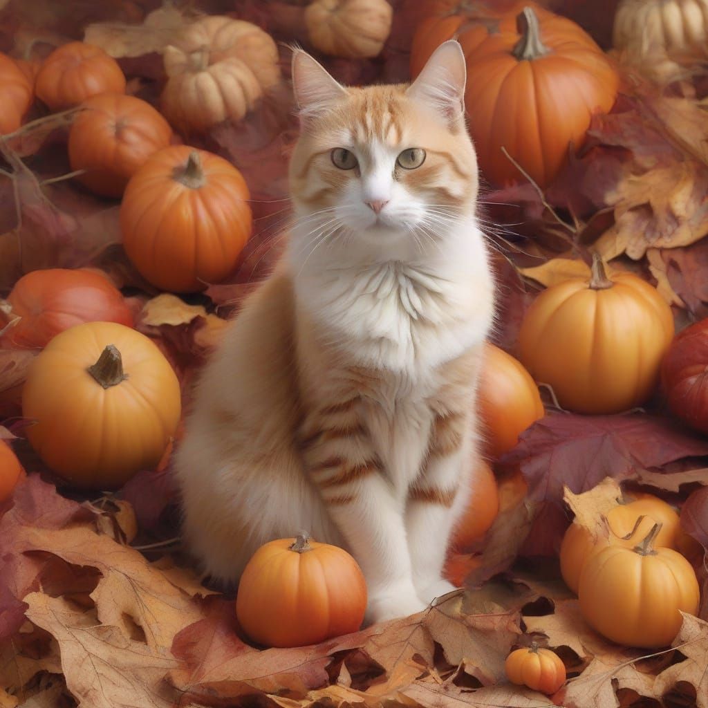 Cat Harvesting Autumn Bounty in Surreal Style