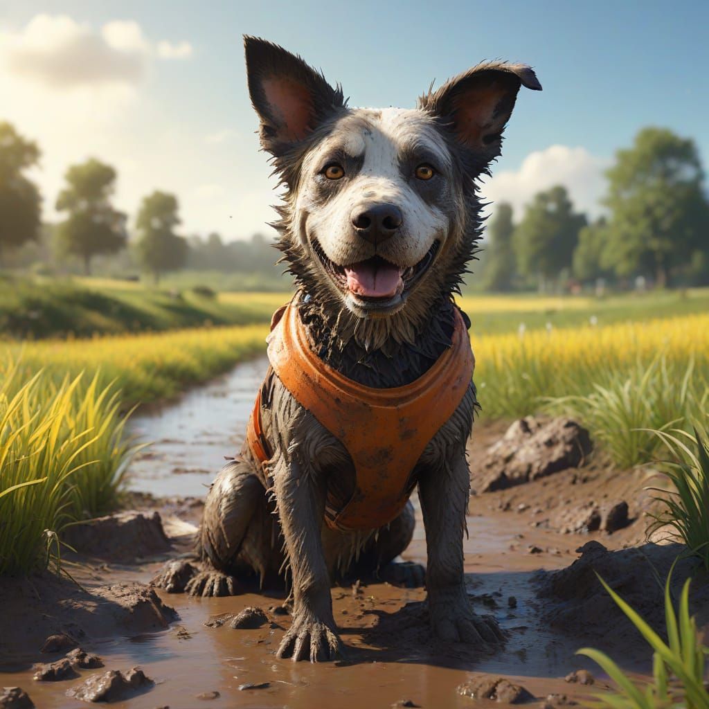 Muddy Dog Joyful in Sunny Field Concept Art