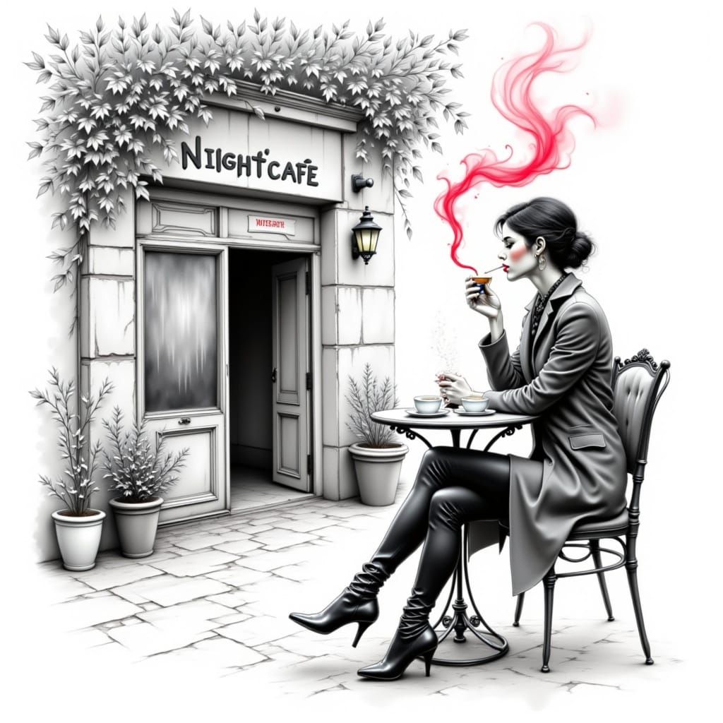 Elegant Woman Enjoys Coffee and Cigarette in Nightcafe