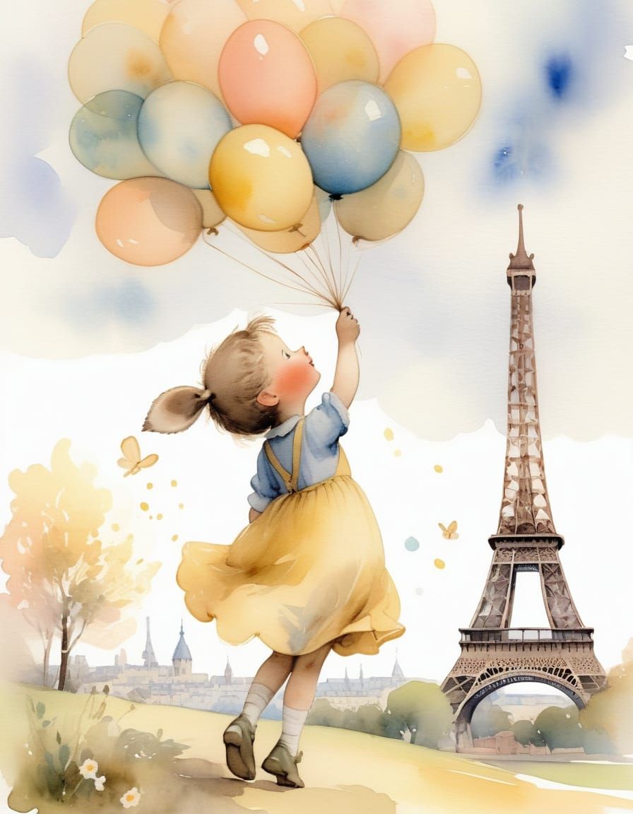 Watercolor Whimsy: Child in Yellow Sundress Soars with Ballo...
