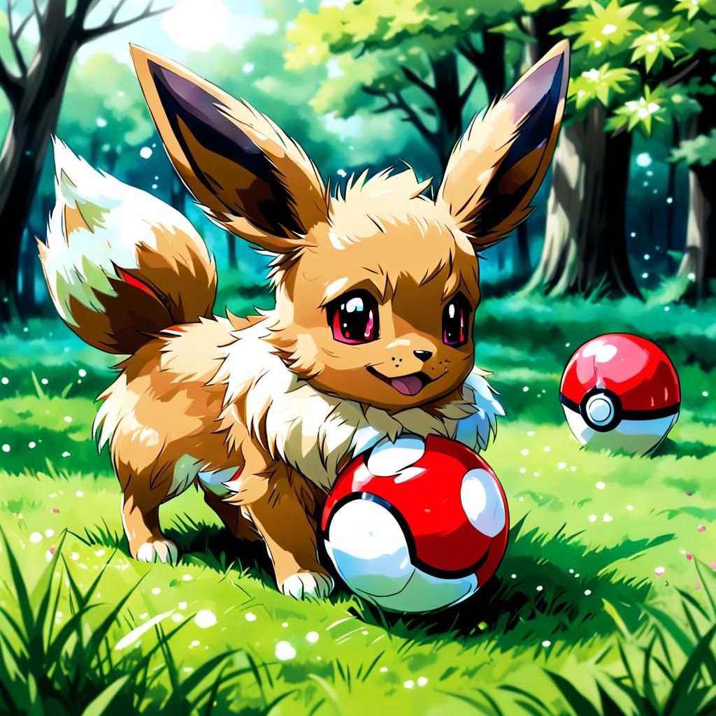 Eevee Playing with Pokéball: Anime Style