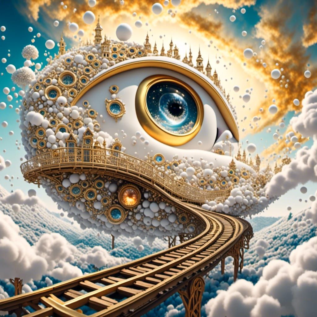 Surreal Eye Over Enchanted Golden Train Tracks