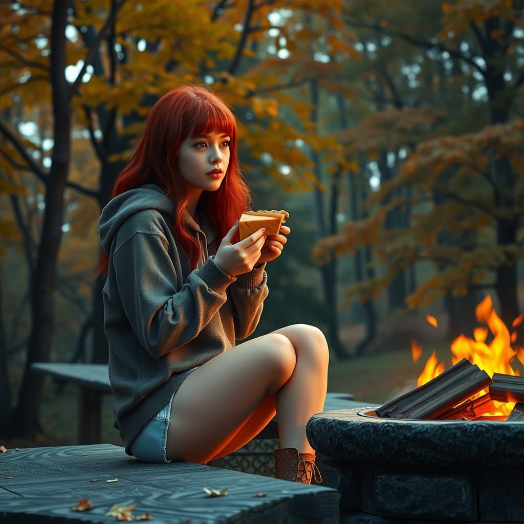 Redhead Woman Enjoys Pie in Autumn Landscape