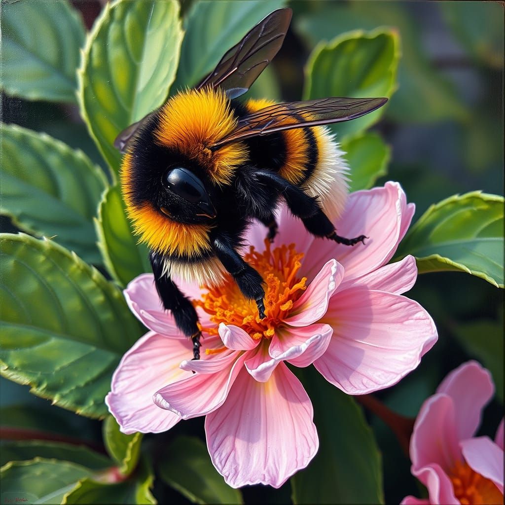 Bumblebee on Flower in Hyperrealistic Impasto Painting
