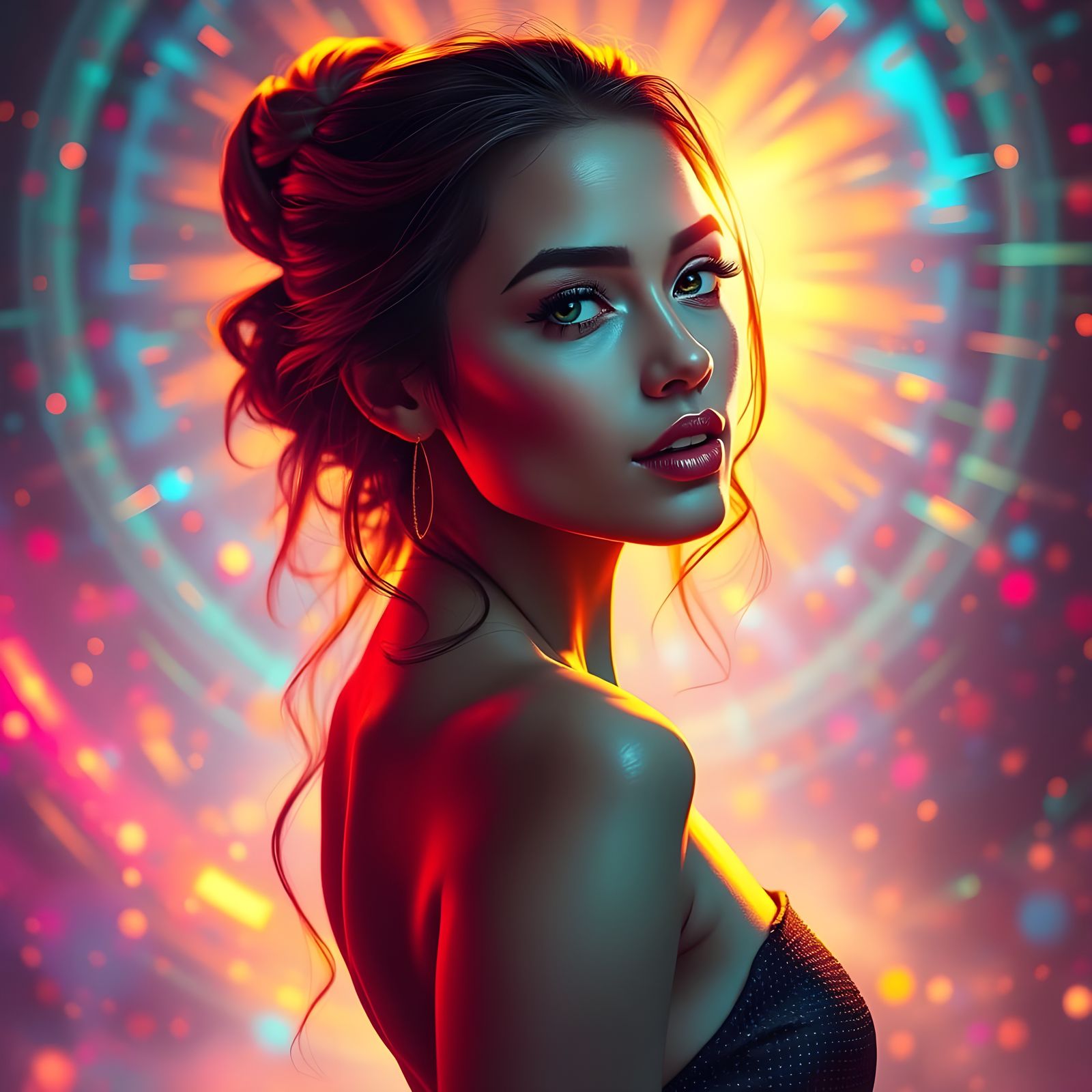 Elegant, Radiant Woman in a Vibrant Dreamscape