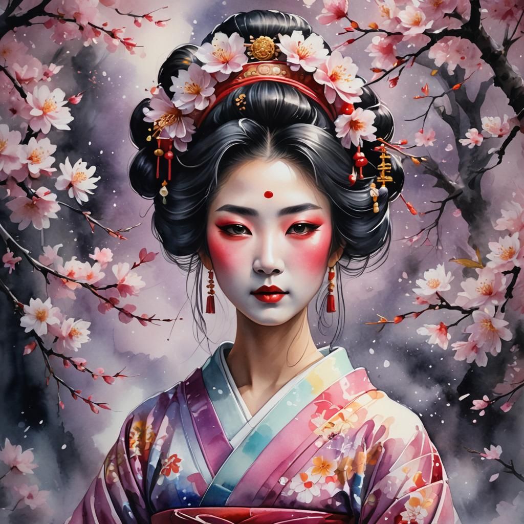 Watercolor Geisha Portrait with Cherry Blossoms