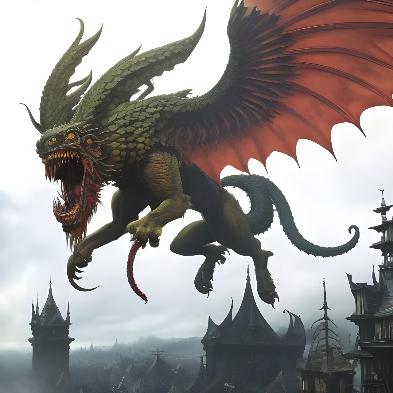 Winged Manticore Chimera Attacks Village: Comic Book Art