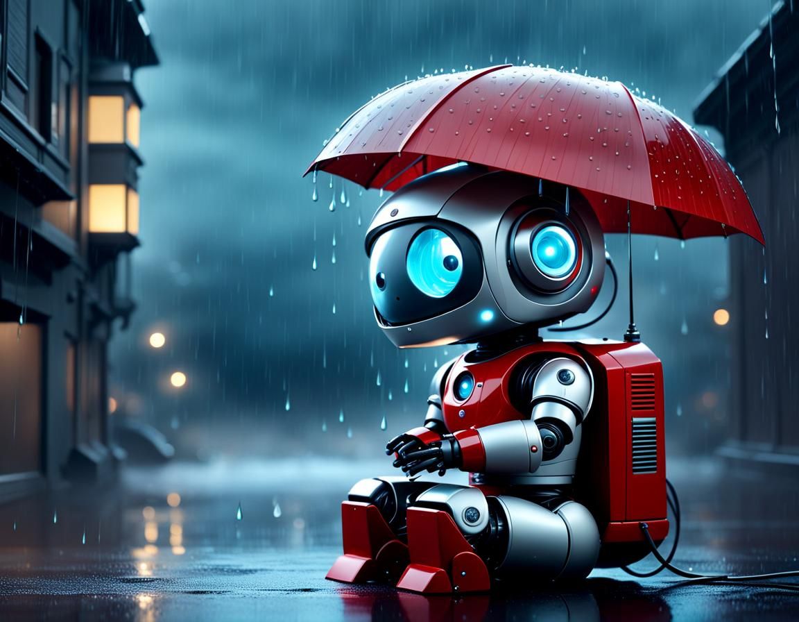 Cute Robot Watching Rain in Dreamy Style