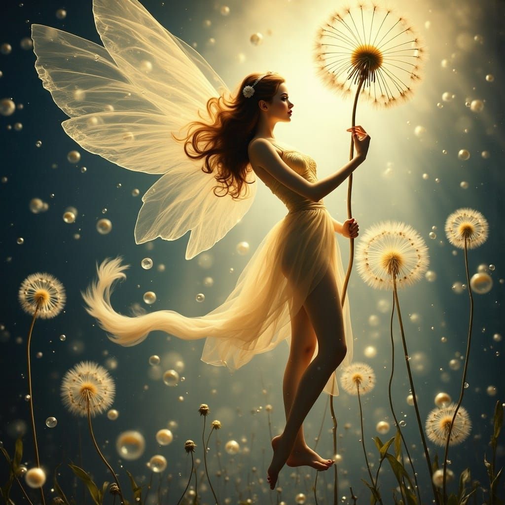 Dreamlike Fairy Tending Dandelion in Art Nouveau Style