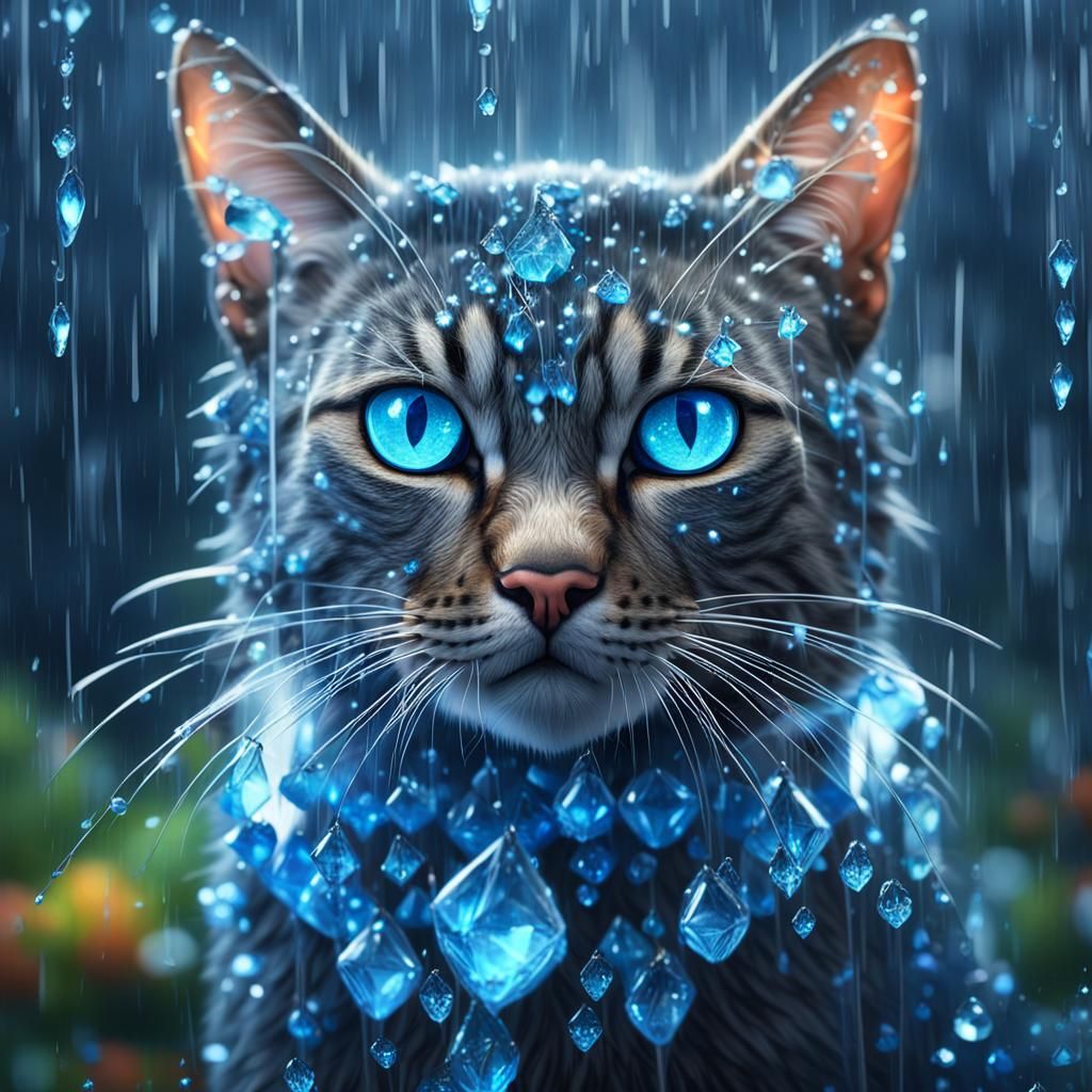 Jewel Cat in Rain, Realistic Detailed Matte Painting