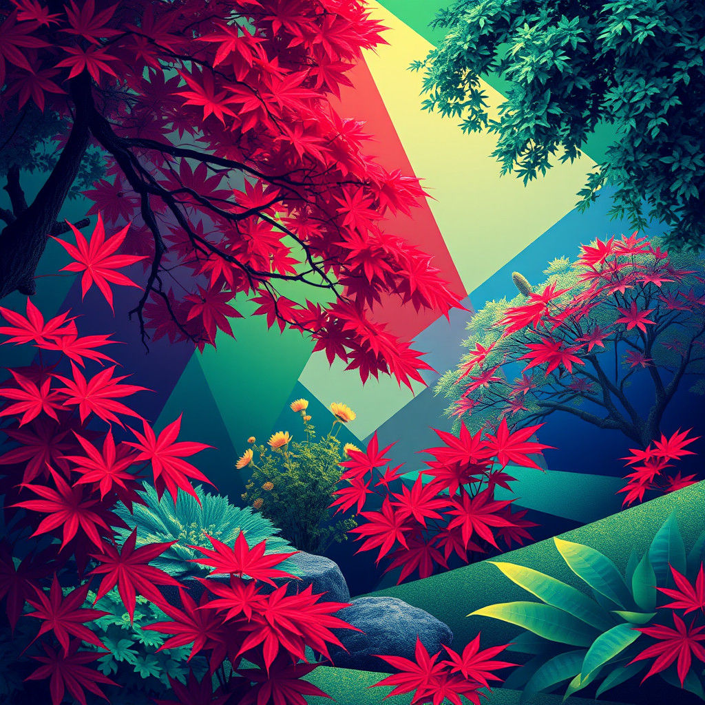 Abstract Japanese Garden in Kandinsky and Mondrian Style