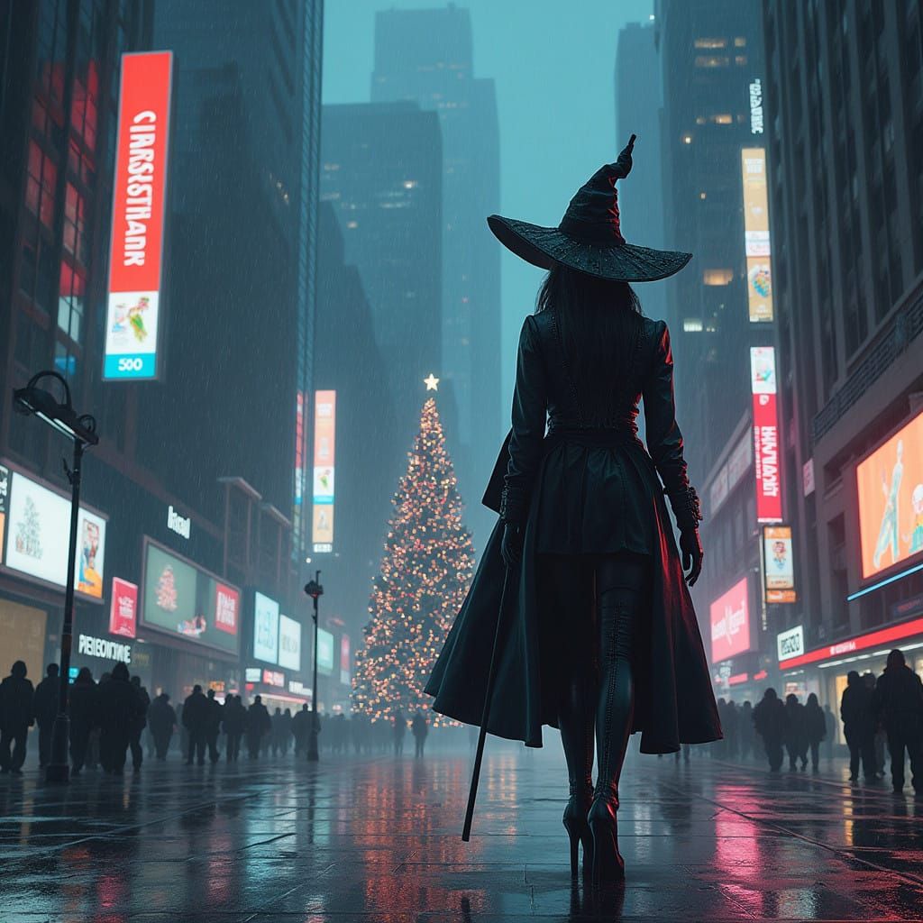 Cyberpunk Christmas Witch Amid Dystopian Cityscape