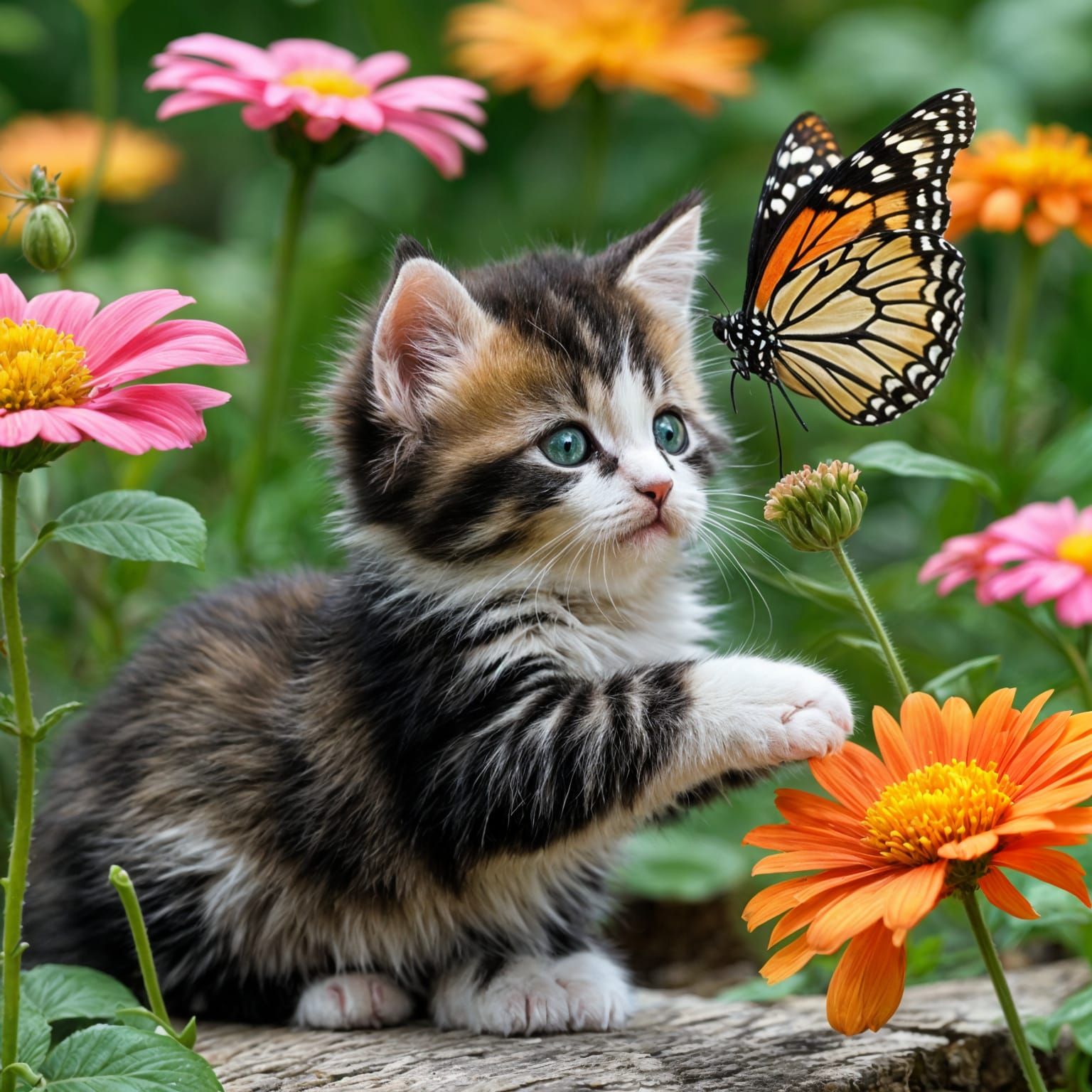 Kitten's Fairy Tale: Butterfly Dance on Flower