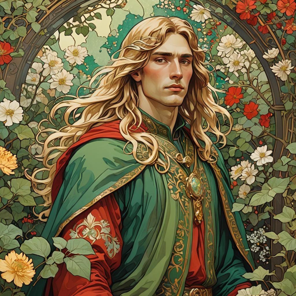 Art Nouveau Man in Blossoming Garden