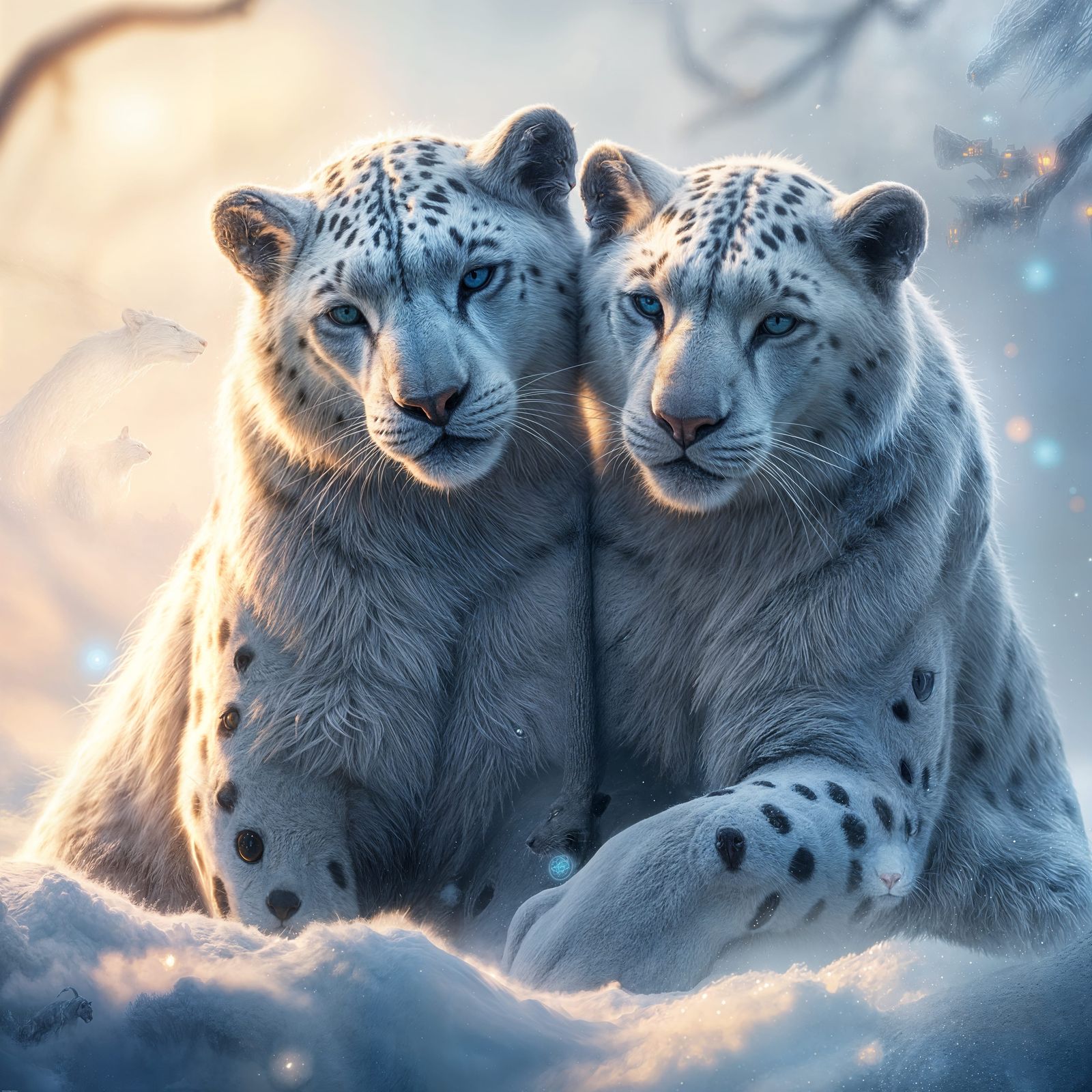 Panthers in Snowy Bliss with Vibrant Blue Lights