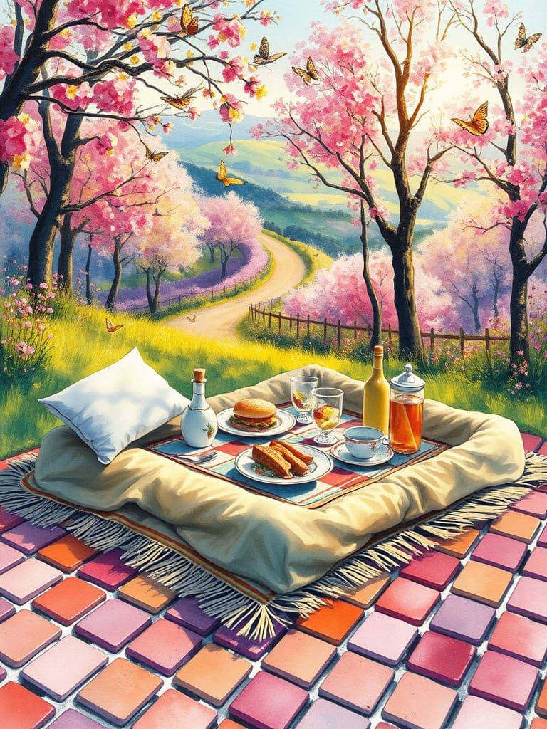 Vibrant Spring Picnic Scene in Watercolor Style