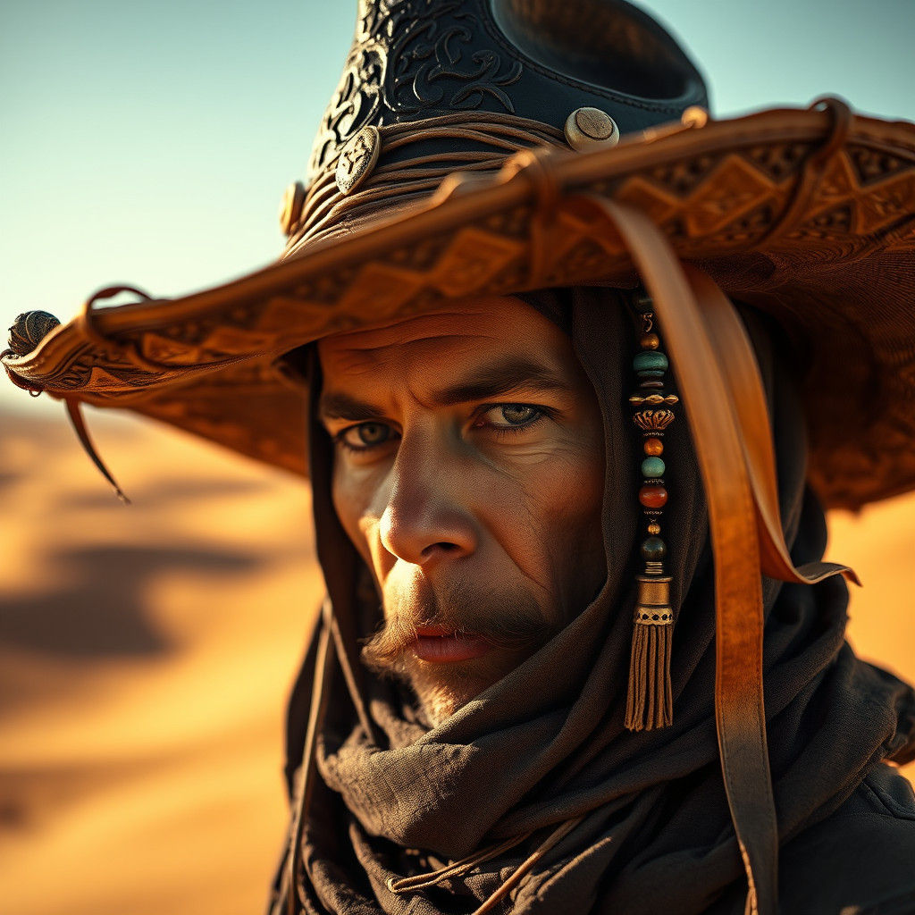 Traveler's Enigmatic Face in Oversized Desert Hat