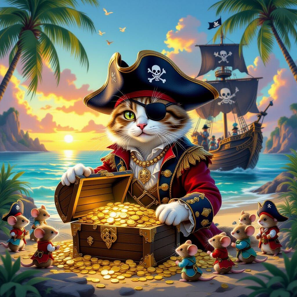 Pirate Cat Captain Leading Mice to Treasure Island