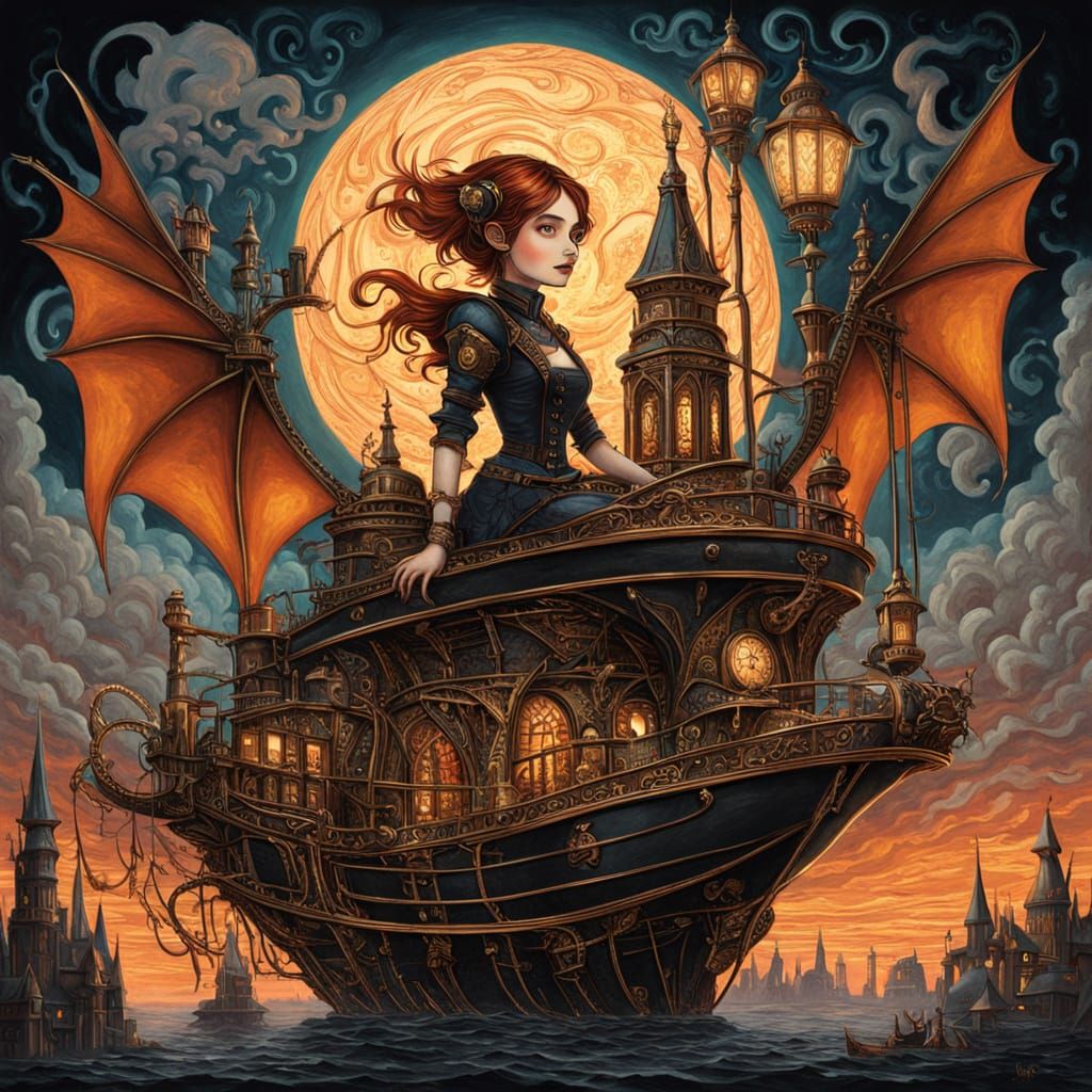 Steampunk Pixie on Dragon Airship, Fantasy Art