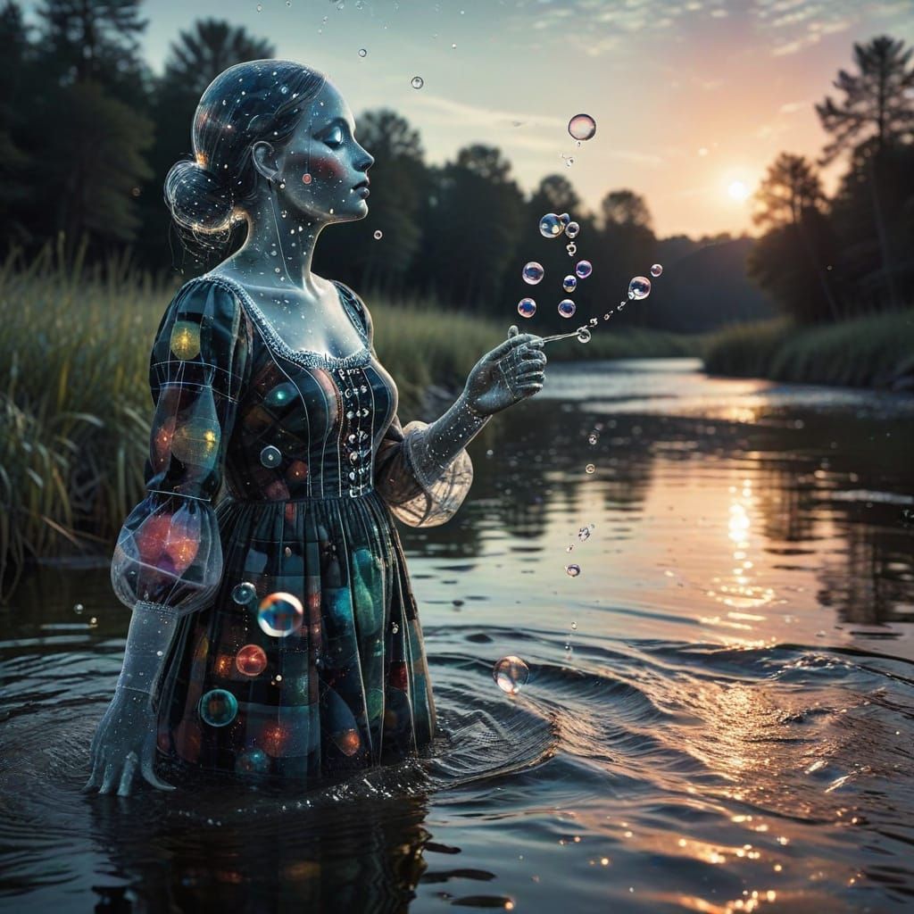 picture a lone  plaid clad punk goth woman standing knee-deep in a crystal-clear river, blowing iridescent bubbles that ...