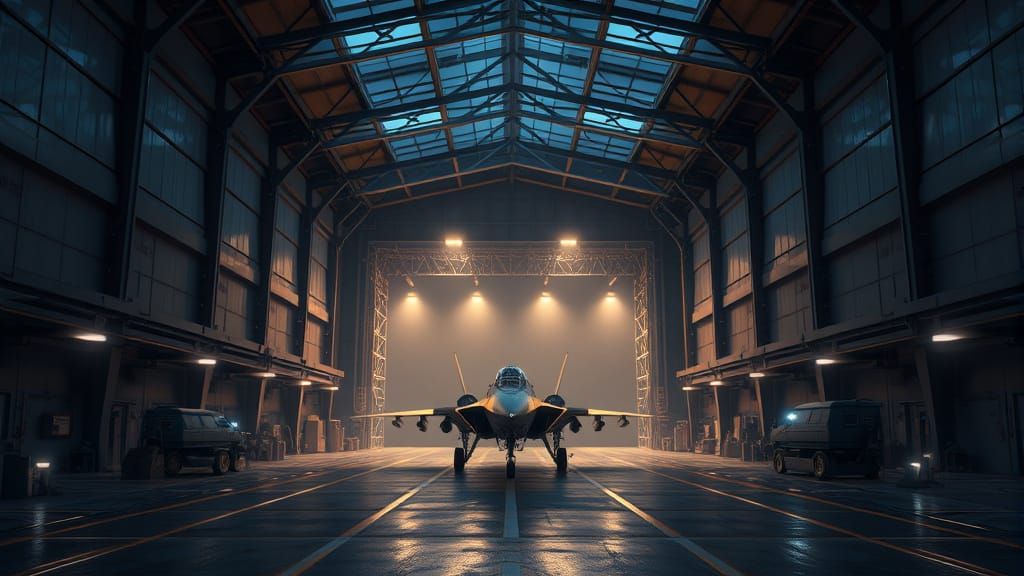Cozy Military Hangar Bay Scene at Night