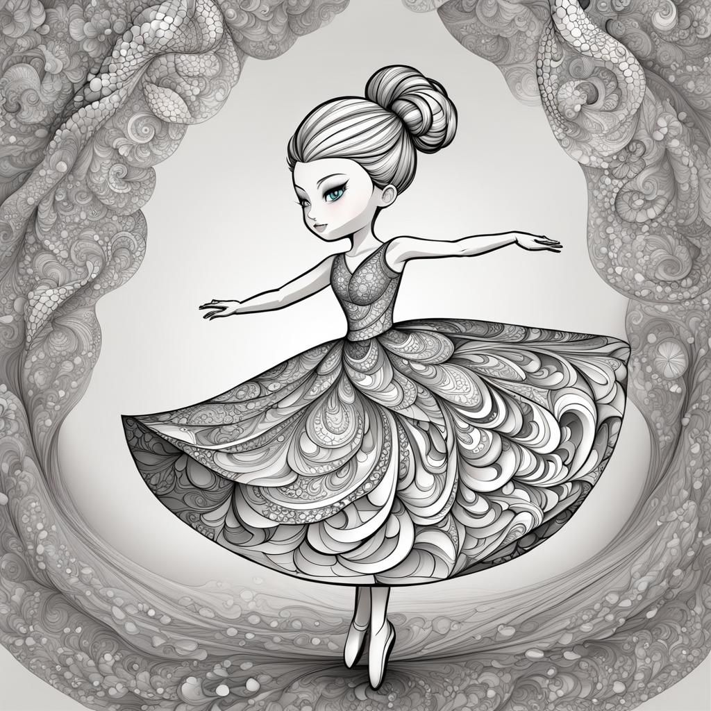 Chibi Ballerina with Abstract Fractal Elements
