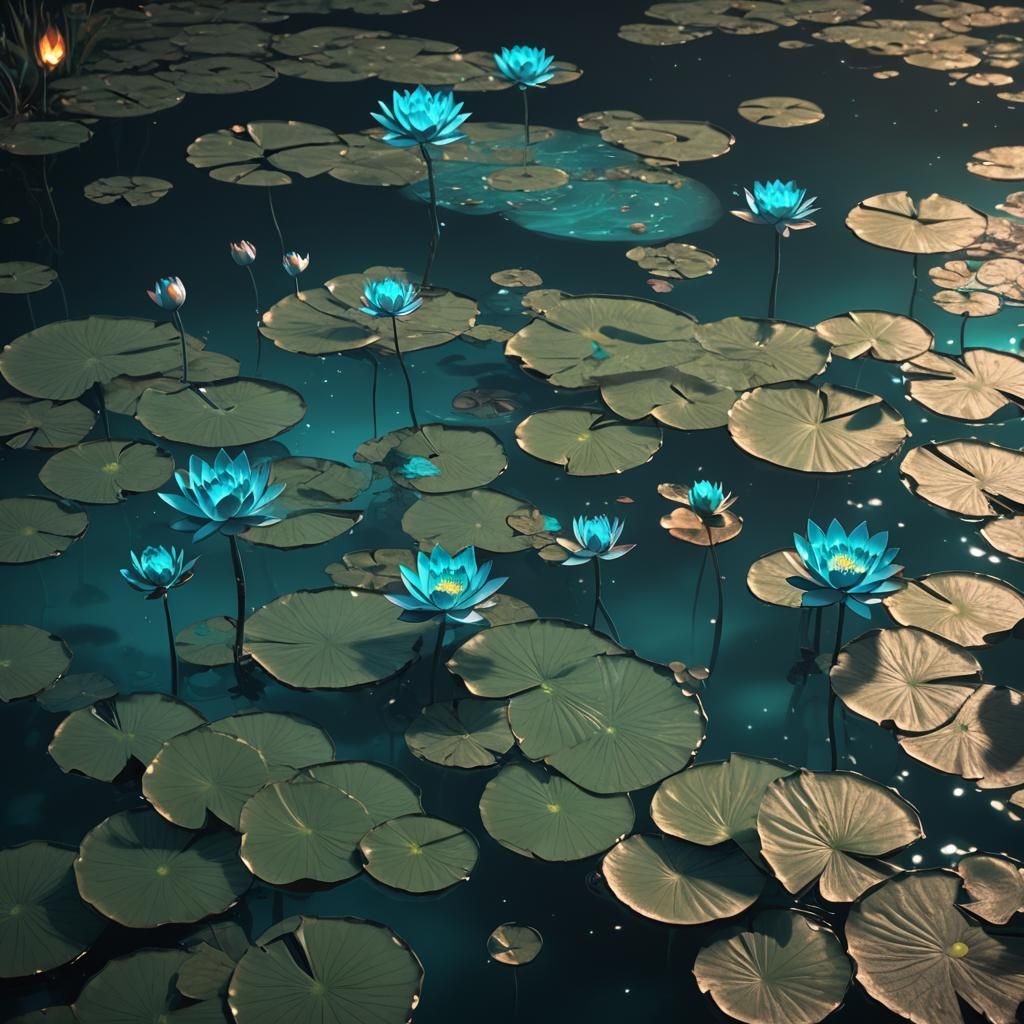 Black Lotuses on Glowing Teal Water: Fantasy Art