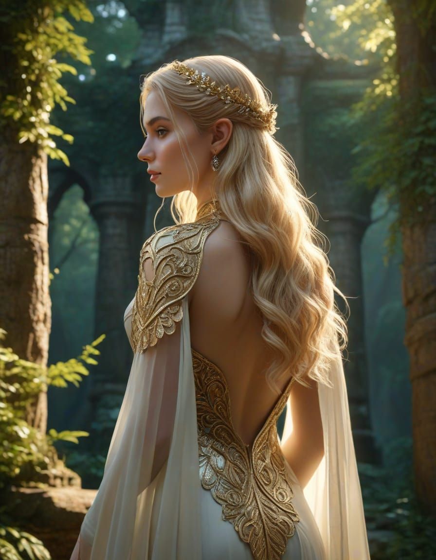 Elf Maiden Gazing at Ancient Temple in Forest