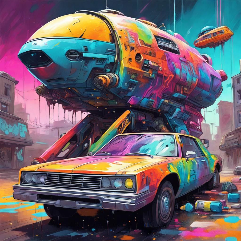 Futuristic Used Spaceship Salesman in Graffiti Art Style