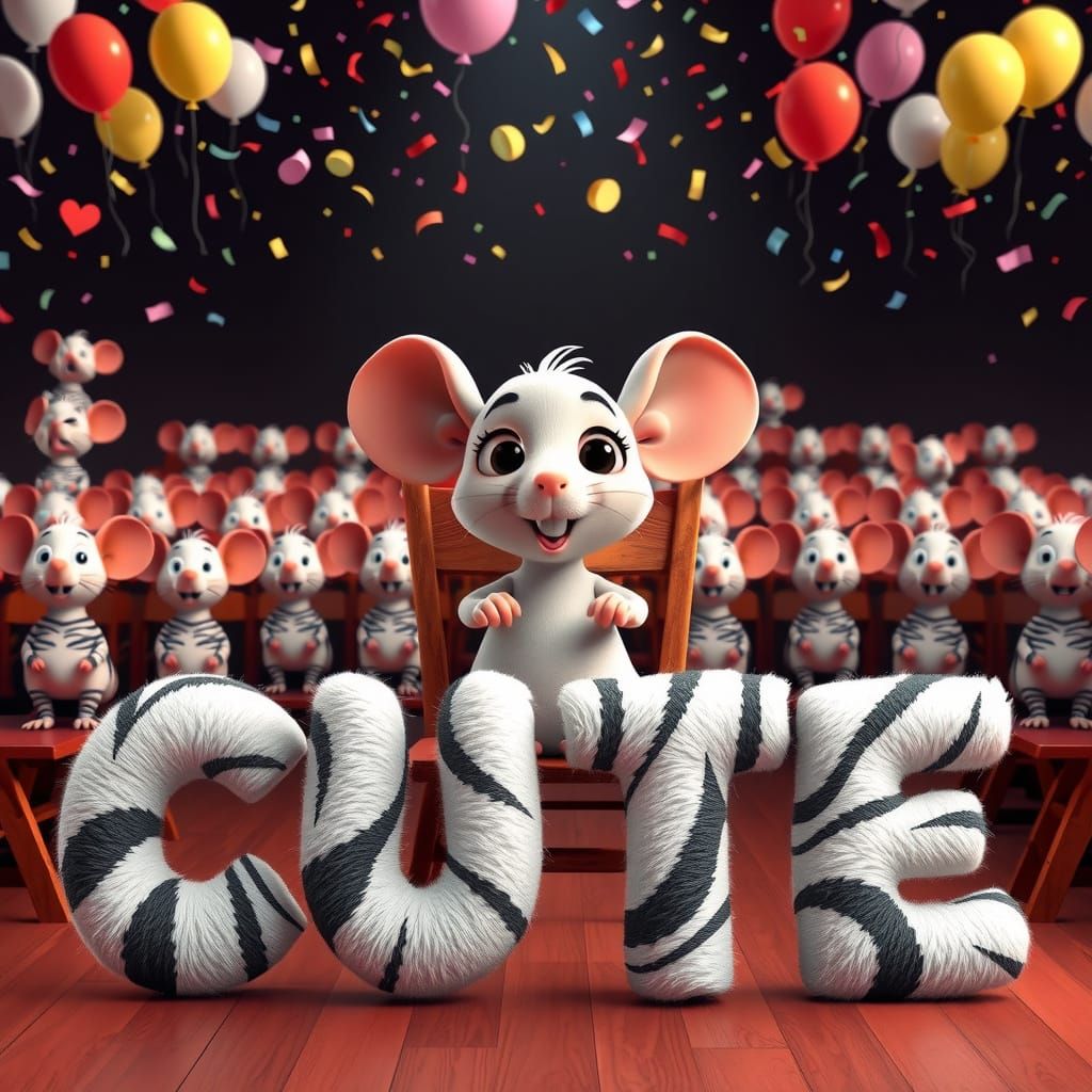 CARTOON text says "CUTE" and conveys the logo in black and white striped font in paint with stunning clarity, the text i...