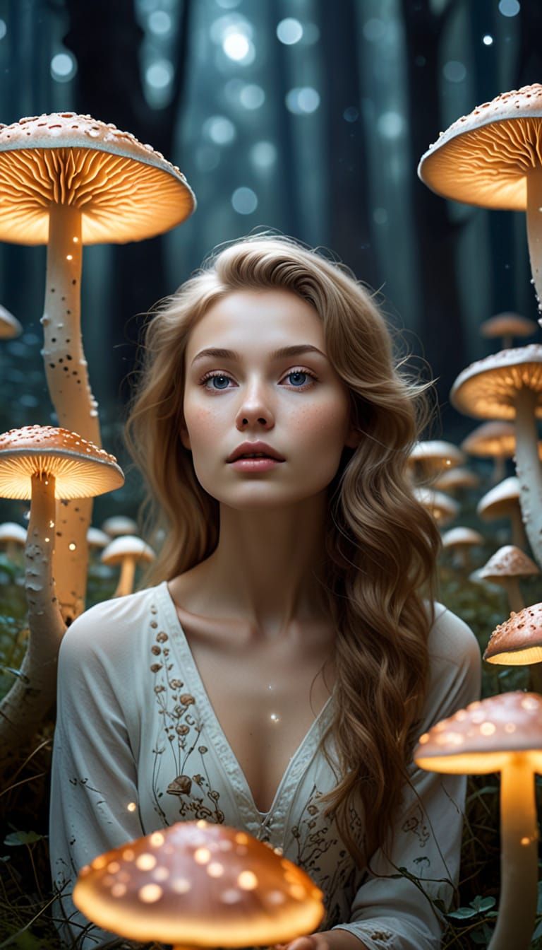 Ethereal Woman in Glowing Mushroom Field