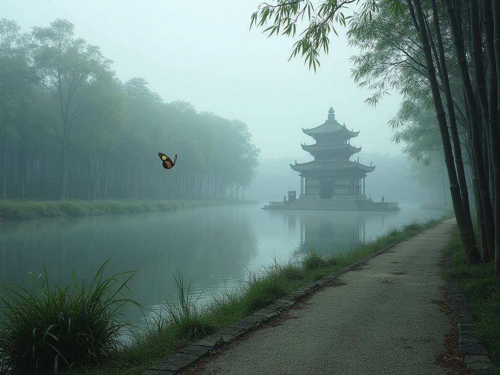 Misty Afternoon Stillness at the Lake's Edge