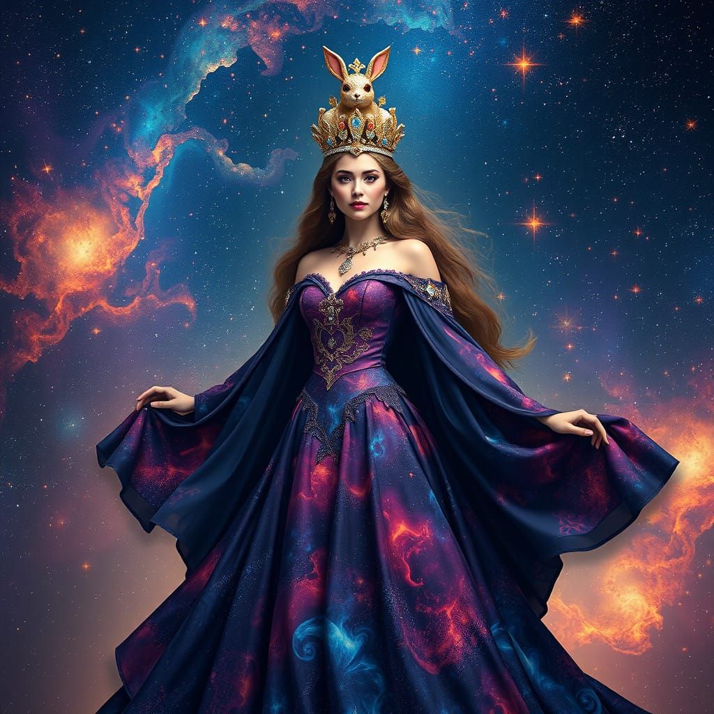 Regal Woman Shines in Galaxy with Cosmic Crown and Bunny Mot...