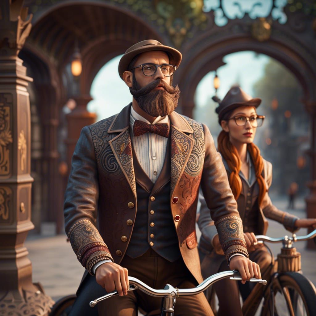 Hipster Couple on Vintage Bicycles, Hyperrealistic Style