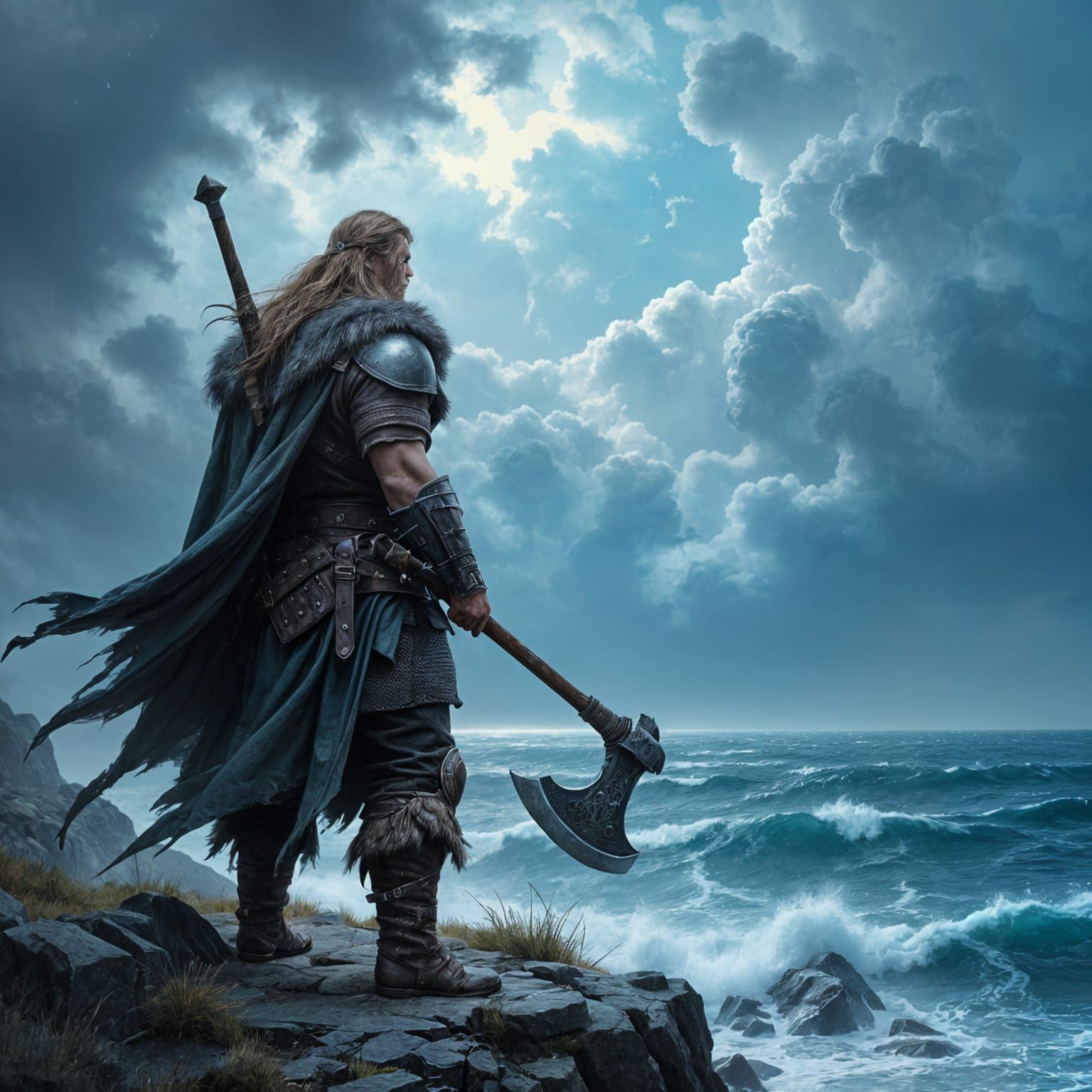 Viking Warrior on Windswept Cliff in Gritty Realism