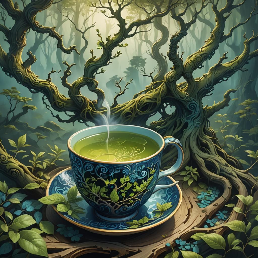 Green Tea Reflects Forest in Fantasy Art