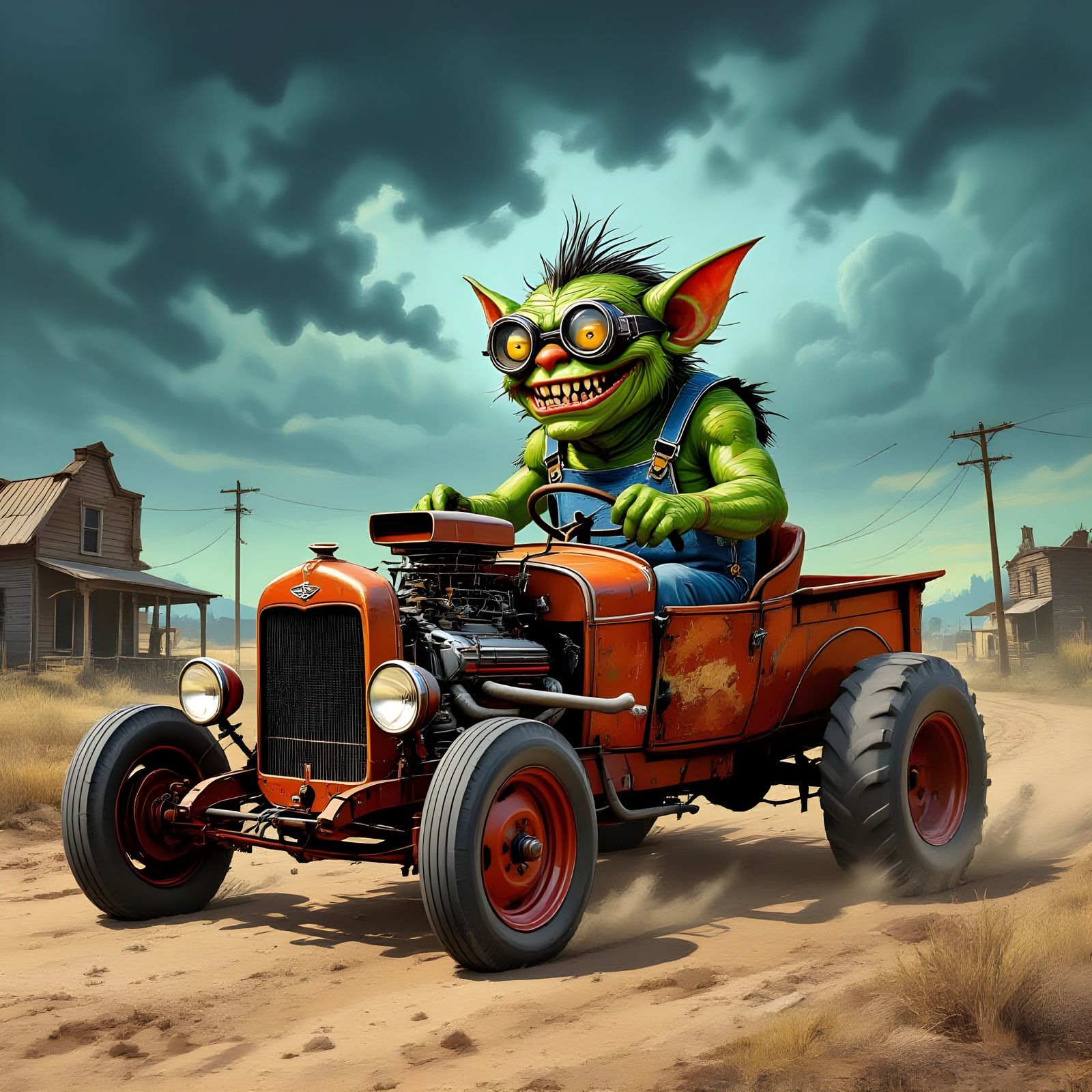 Gremlin Drives a Chevrolet Rat Rod Through Ghost Town