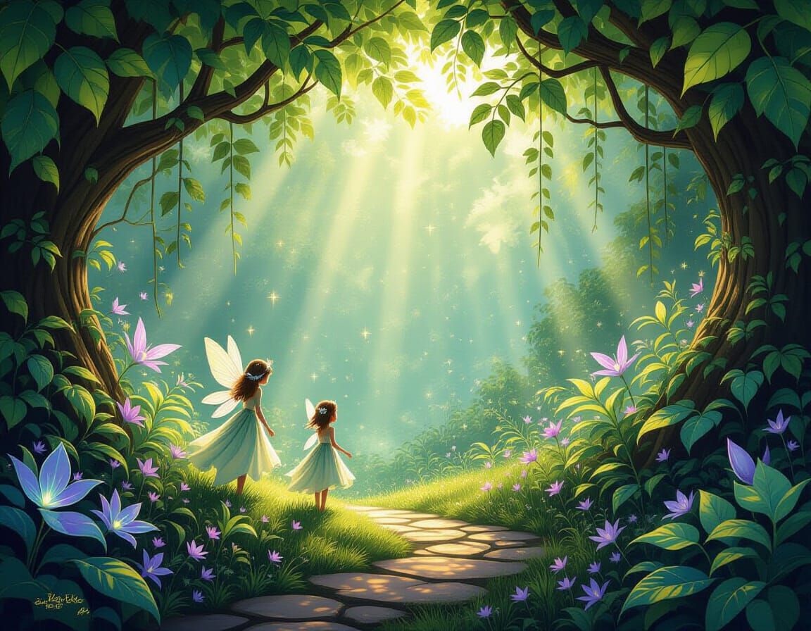 Enchanted Garden with Fairies and Bioluminescent Flora