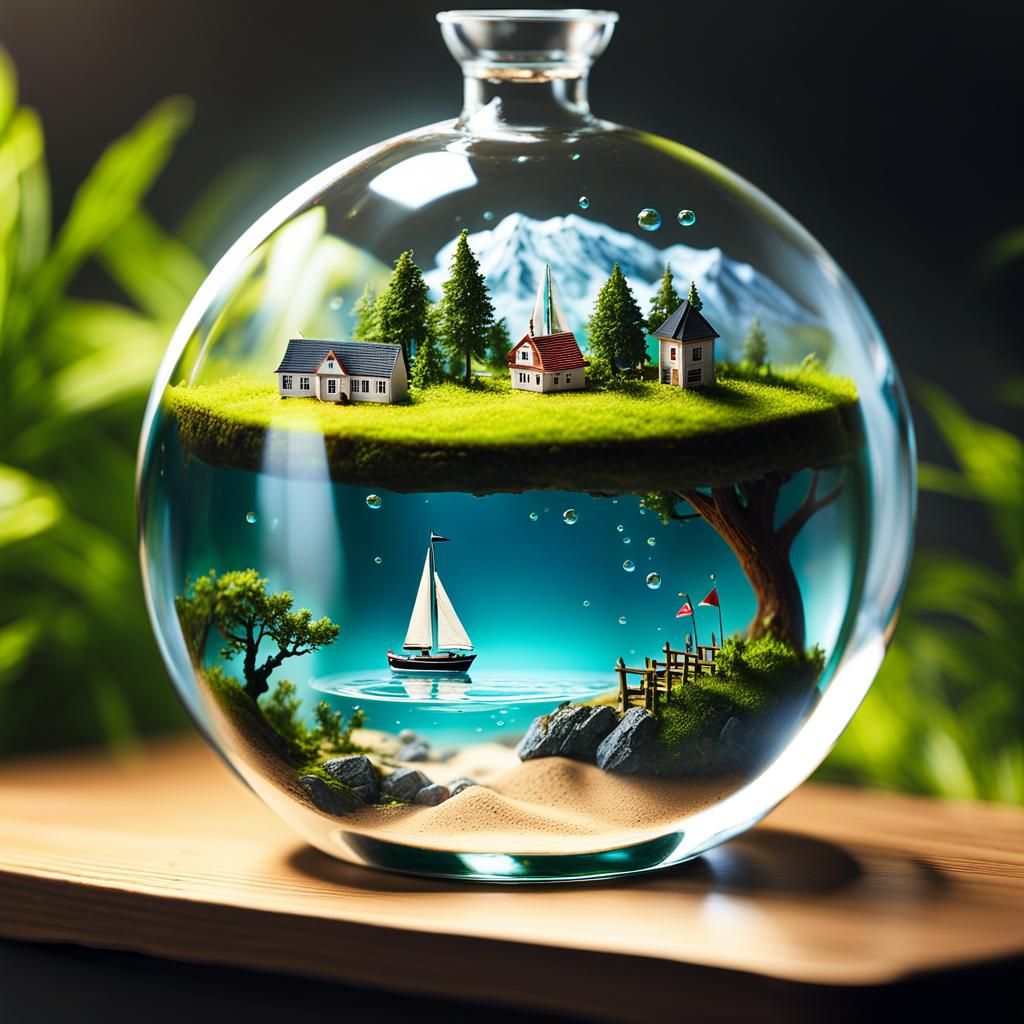 Miniature Fantasy Scene: Sailboat in Glass Cube