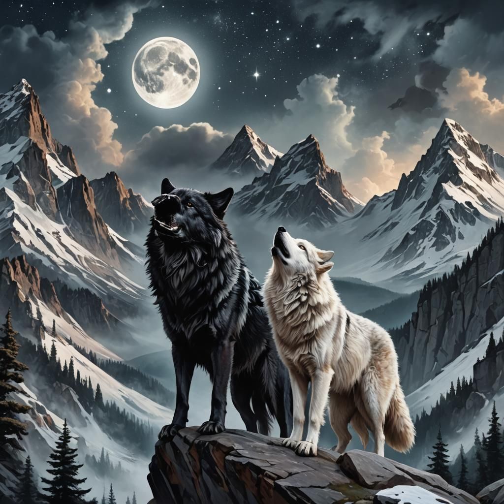 Fantasy Wolves Howling at Moonlit Galaxy