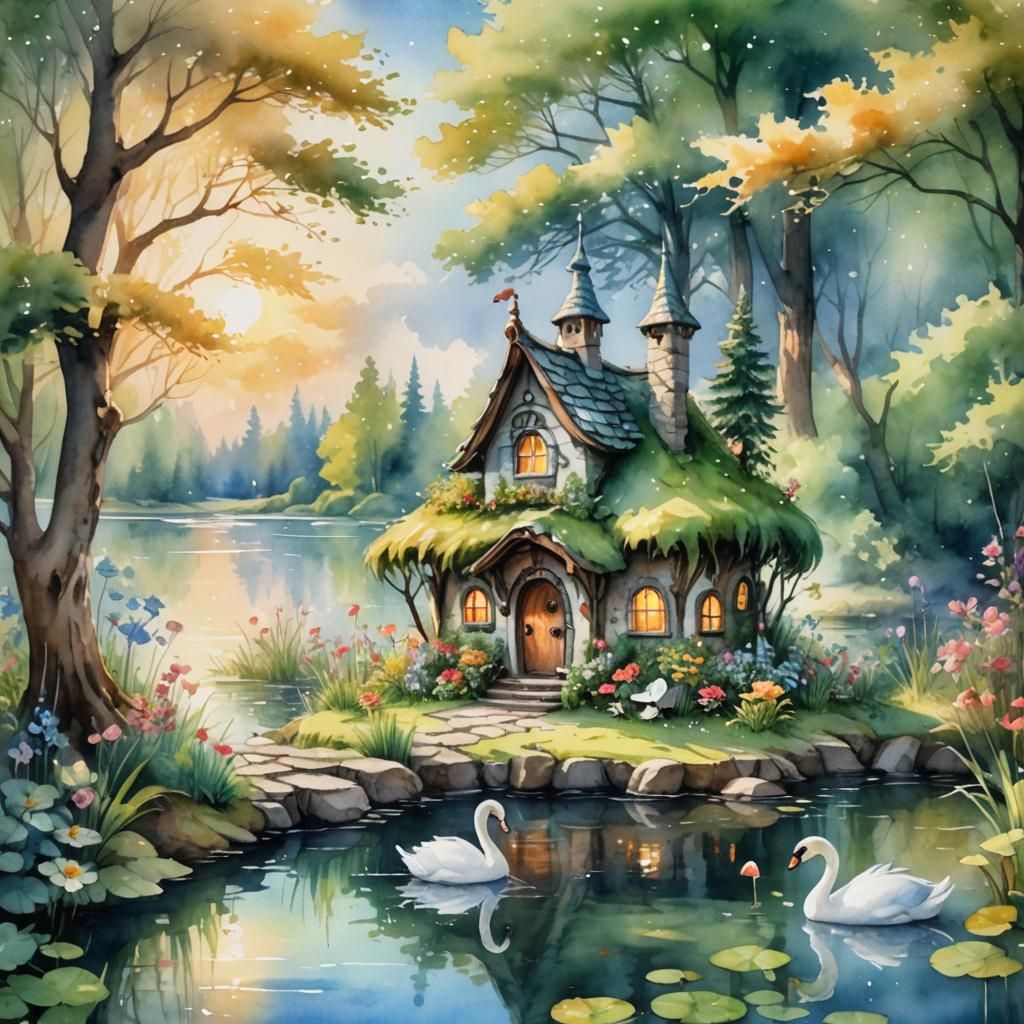 Watercolor Fairy House with Swans on Lake