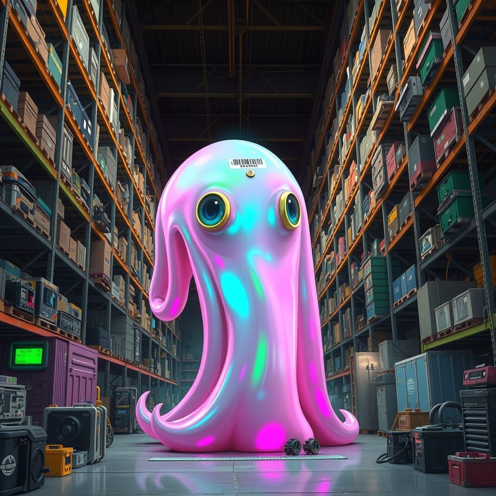 Giant Neon Slime Creature in Industrial Warehouse